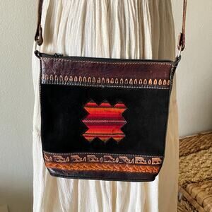 vintage aztec leather and suede crossbody bag boho purse